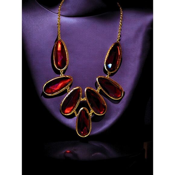 Bold Red & Gold Statement Necklace–Faceted Teardrop Bib – Gothic Glam -15” Drop - Picture 1 of 4